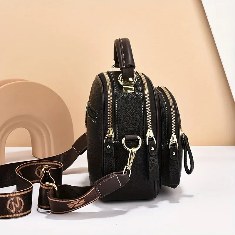 Structured Black Crossbody Handbag – Elegant Multi-Pocket Design