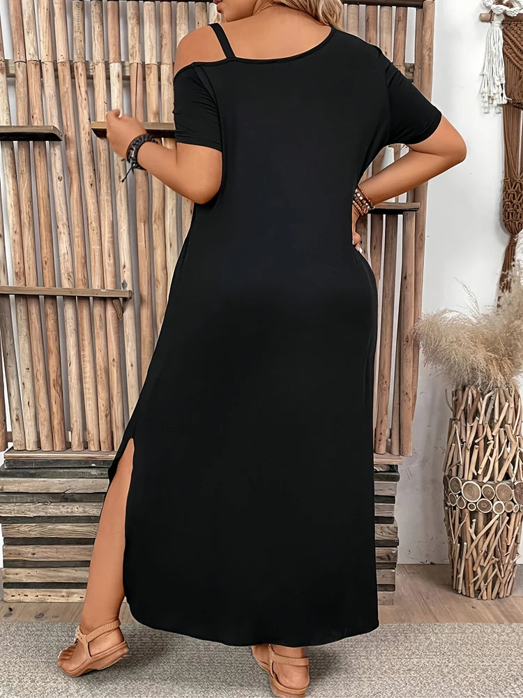Women's Black Off-Shoulder Maxi Dress – Casual Loose Fit with Pockets