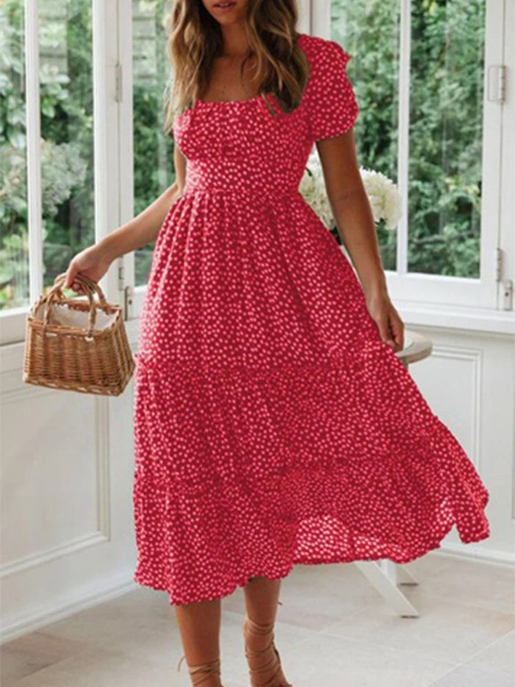 Green Floral Puff Sleeve Maxi Dress with Tiered Skirt