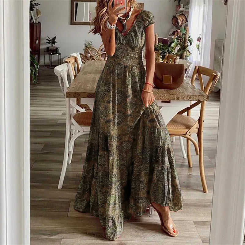 Bohemian Floral Maxi Dress with Smocked Waist & Ruffle Hem