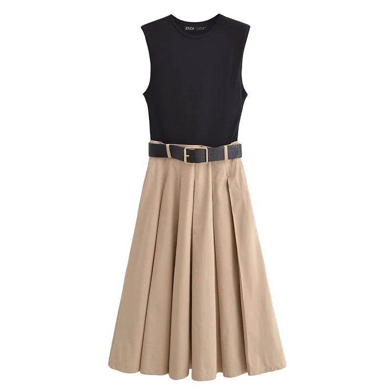 Sleeveless Black & Beige Pleated Midi Dress with Belt – Elegant Chic