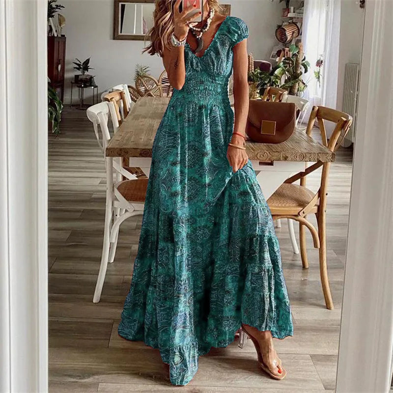 Bohemian Floral Maxi Dress with Smocked Waist & Ruffle Hem