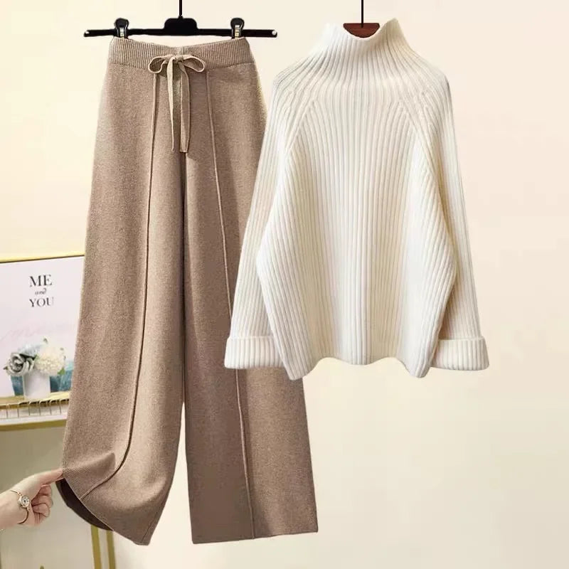 2023 New Women's Autumn Winter Korean Style Sweater With Ninefths Pendant Bell Bottoms Suit Two-Piece Set Fashionable Streetwear