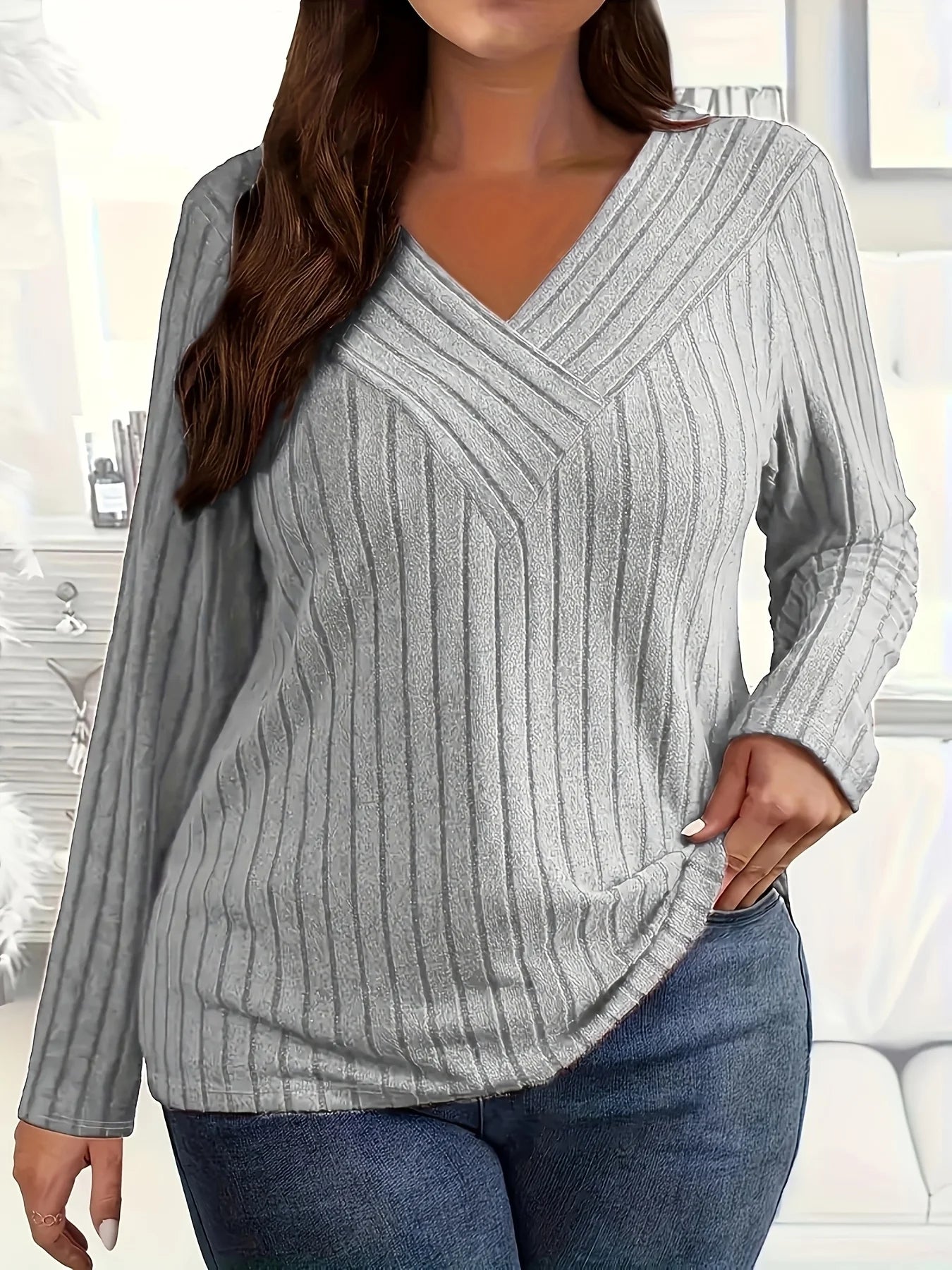Plus Size V-Neck Striped Long Sleeve Top – Beige Chic