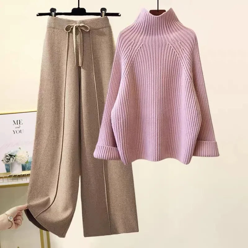 2023 New Women's Autumn Winter Korean Style Sweater With Ninefths Pendant Bell Bottoms Suit Two-Piece Set Fashionable Streetwear