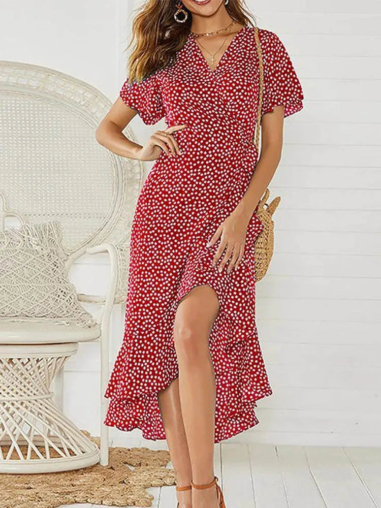 Green Floral Ruffle Wrap Dress – Flowy Boho Elegance
