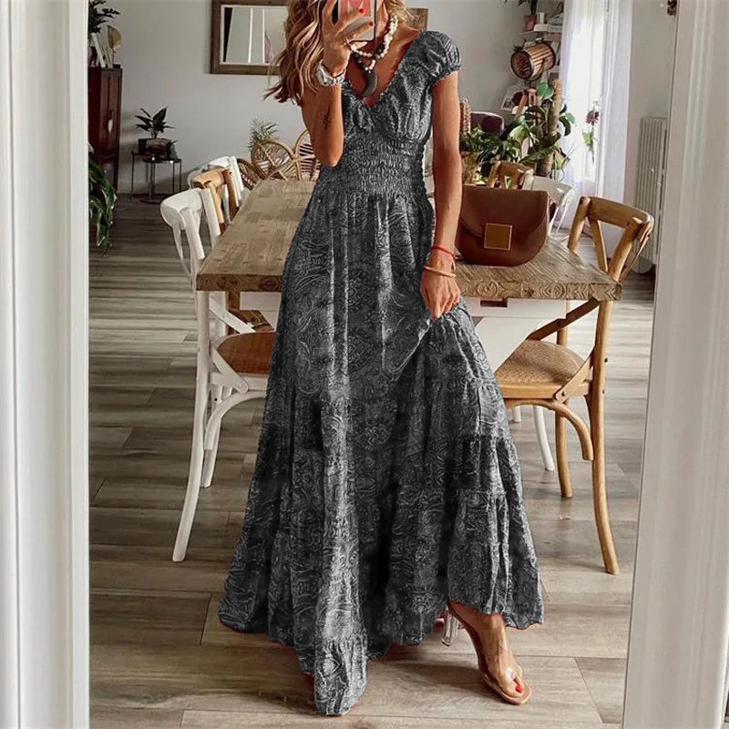 Bohemian Floral Maxi Dress with Smocked Waist & Ruffle Hem