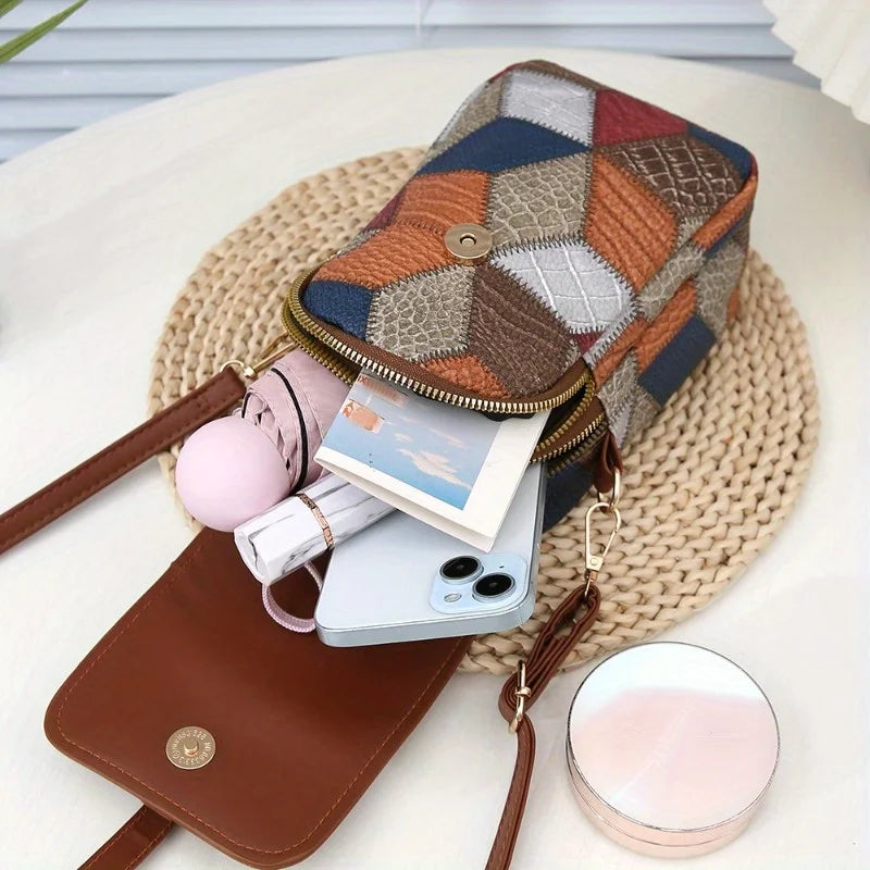Boho Patchwork Crossbody Bag – Vintage Geometric Style