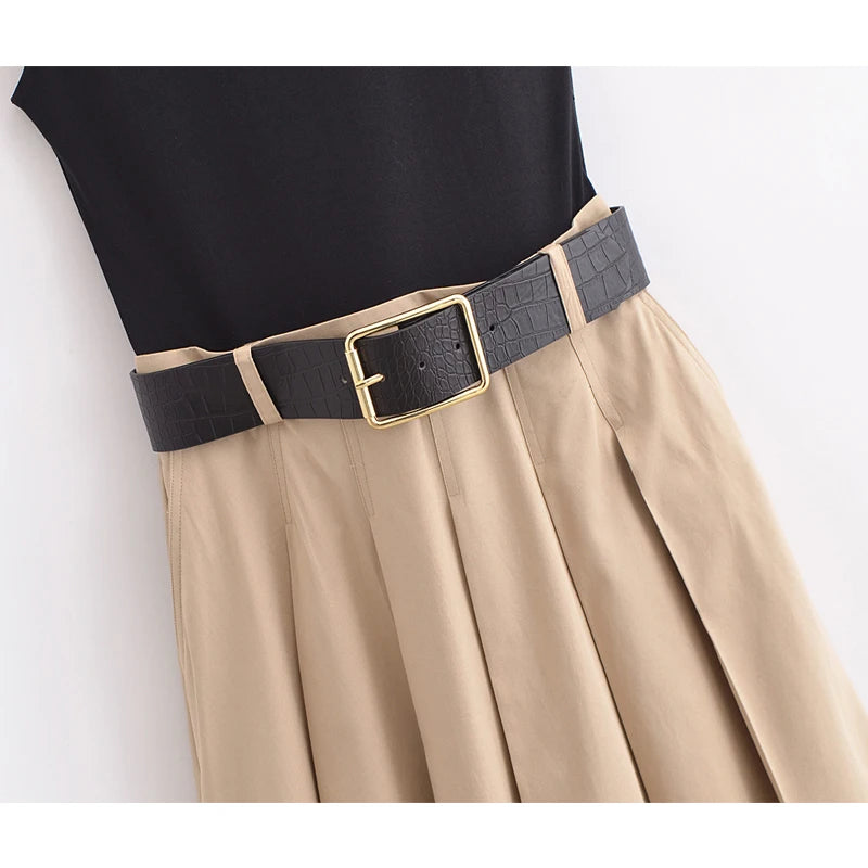 Sleeveless Black & Beige Pleated Midi Dress with Belt – Elegant Chic