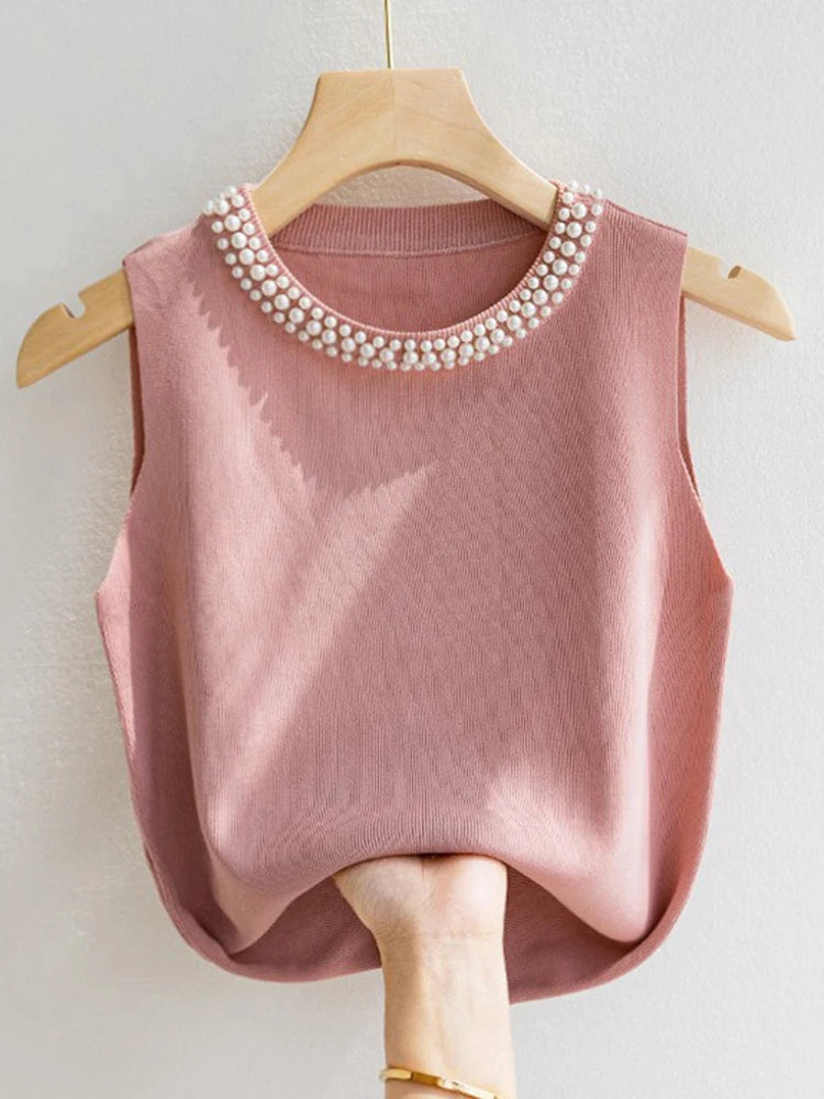 Pearl Embellished Sleeveless Knit Top – Elegant & Minimalist