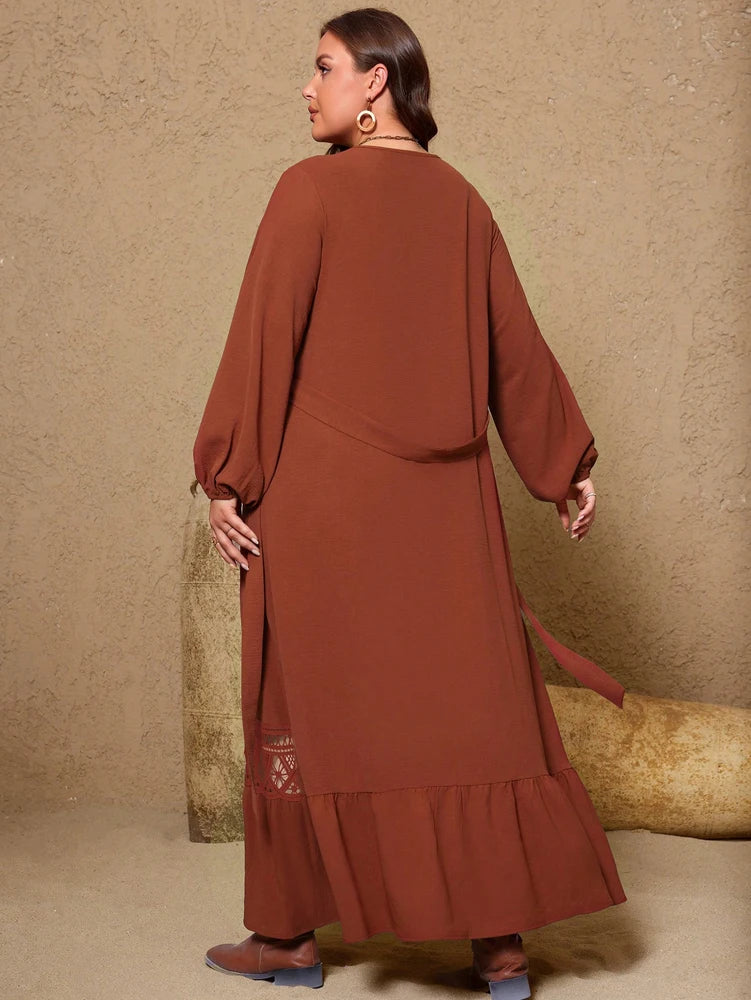 Plus Size Long Sleeve Maxi Dress with Lace Trim – Rust Brown