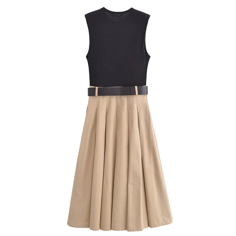 Sleeveless Black & Beige Pleated Midi Dress with Belt – Elegant Chic
