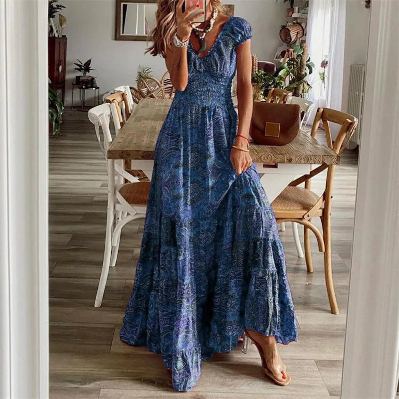 Bohemian Floral Maxi Dress with Smocked Waist & Ruffle Hem