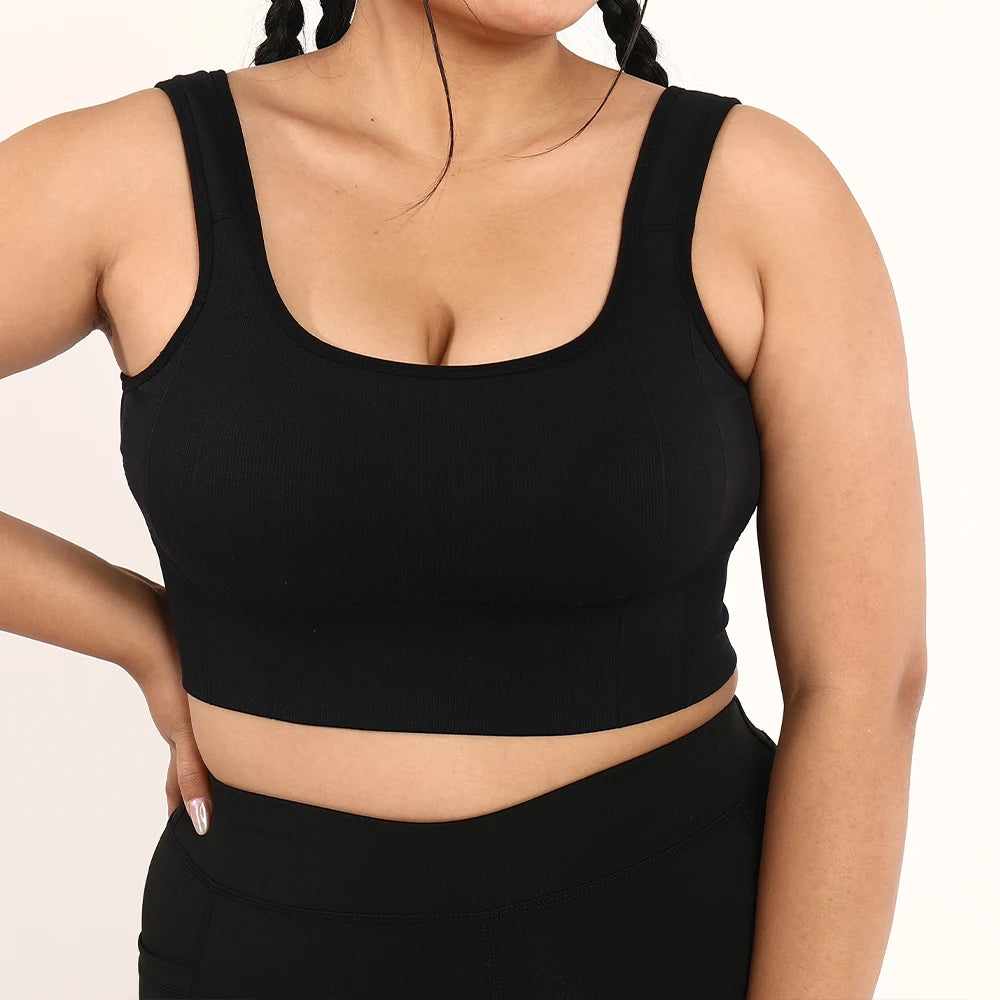 Plus Size Black Ribbed Crop Tank Top – Stretchy Sleeveless Activewear