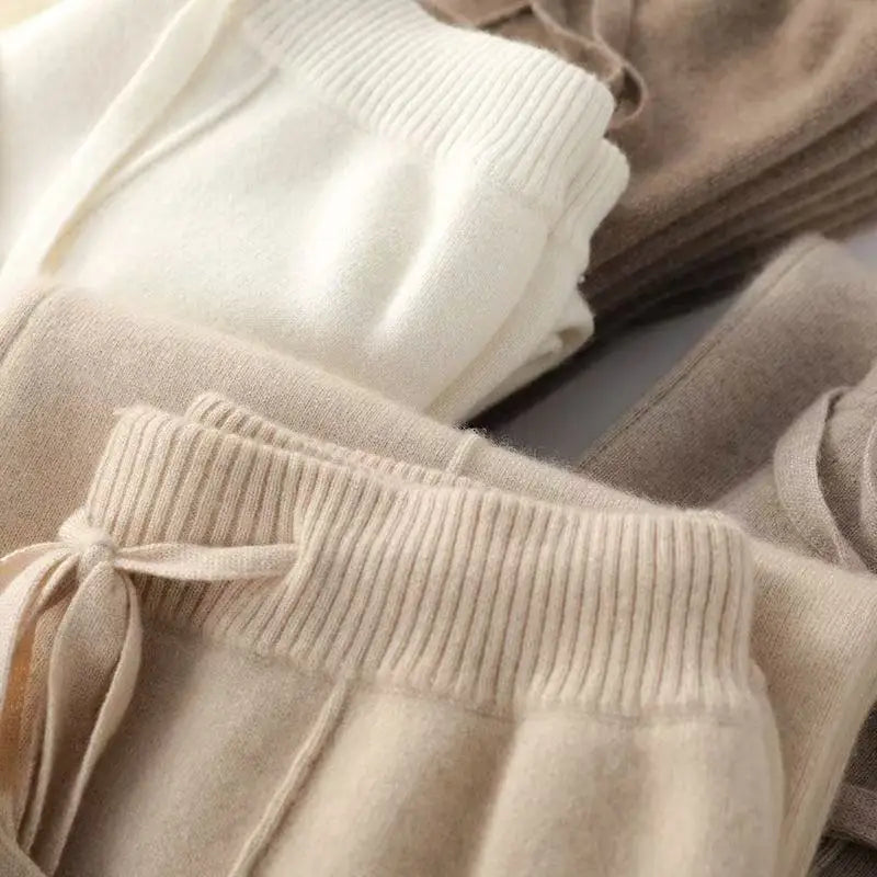Beige Knit Loungewear Set – Hoodie & Wide-Leg Pants