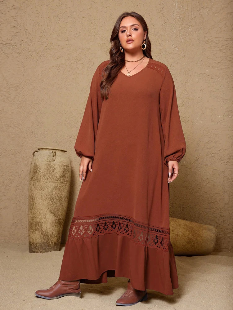 Plus Size Long Sleeve Maxi Dress with Lace Trim – Rust Brown