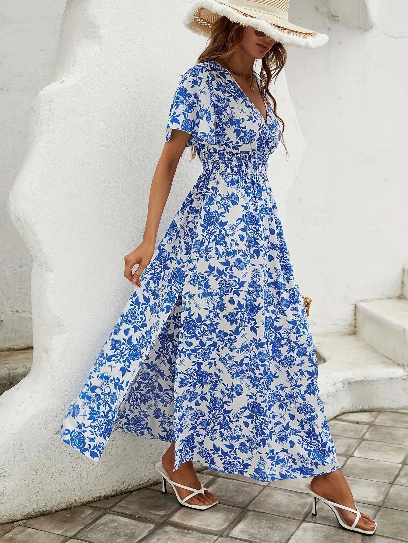 Blue & White Floral Wrap Midi Dress – Mediterranean Summer Style