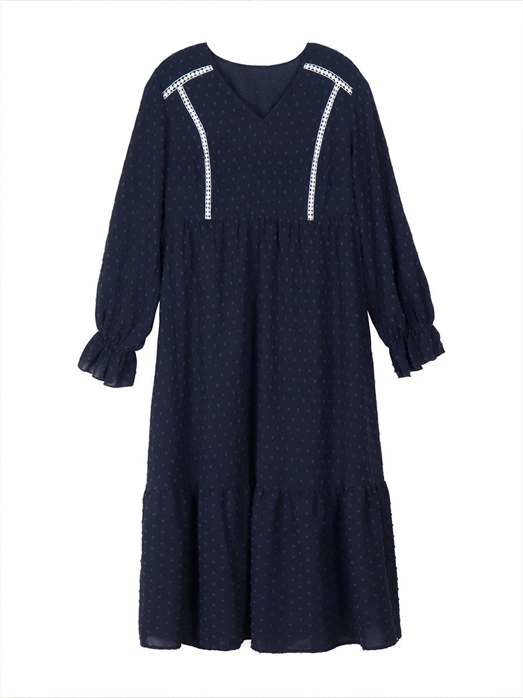 Plus Size Long Sleeve Maxi Dress with Ruffle Hem – Navy Blue