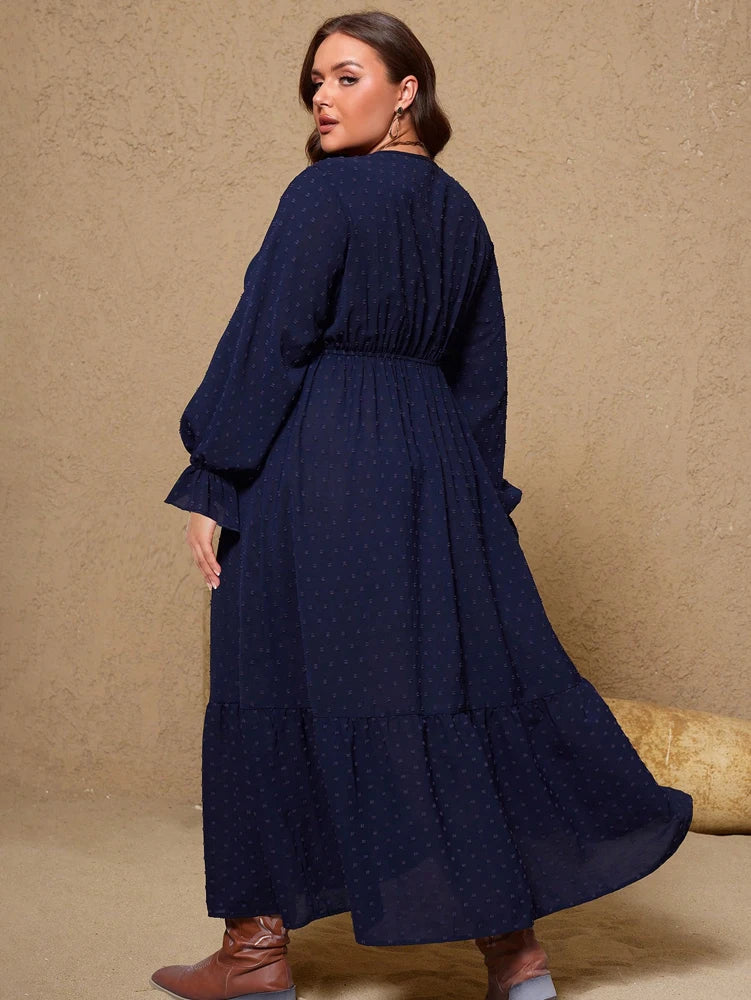 Plus Size Long Sleeve Maxi Dress with Ruffle Hem – Navy Blue