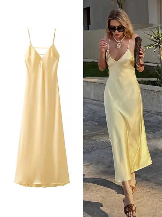 Light Yellow Satin Midi Dress – Chic & Simple