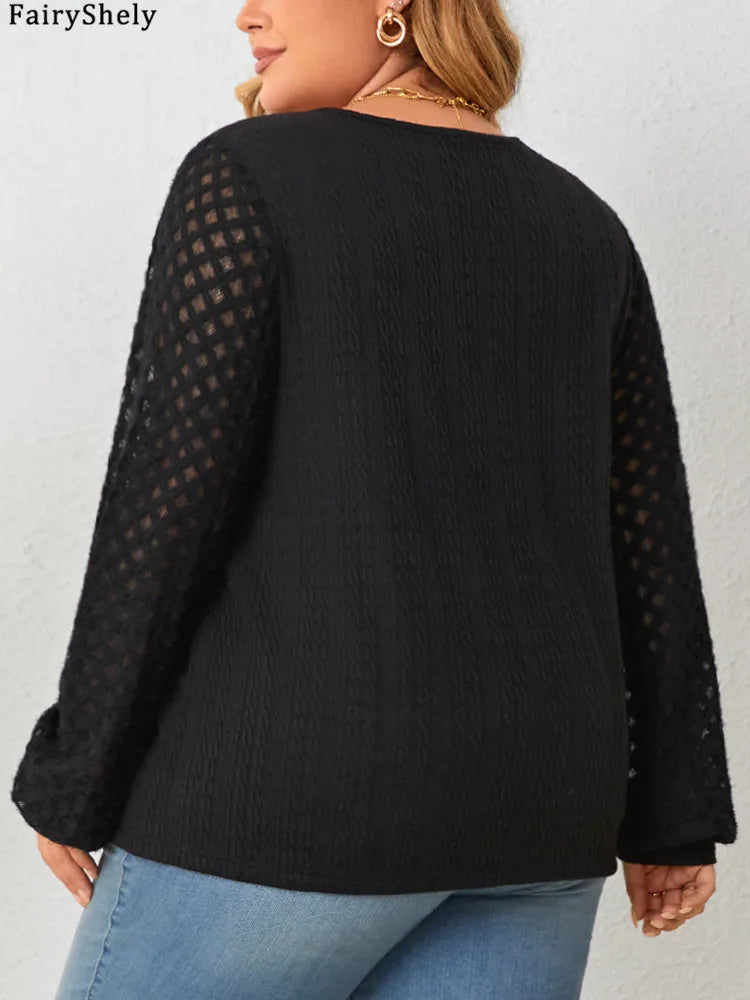Women's Black Textured Blouse – Long Sleeve with Button Front Detail