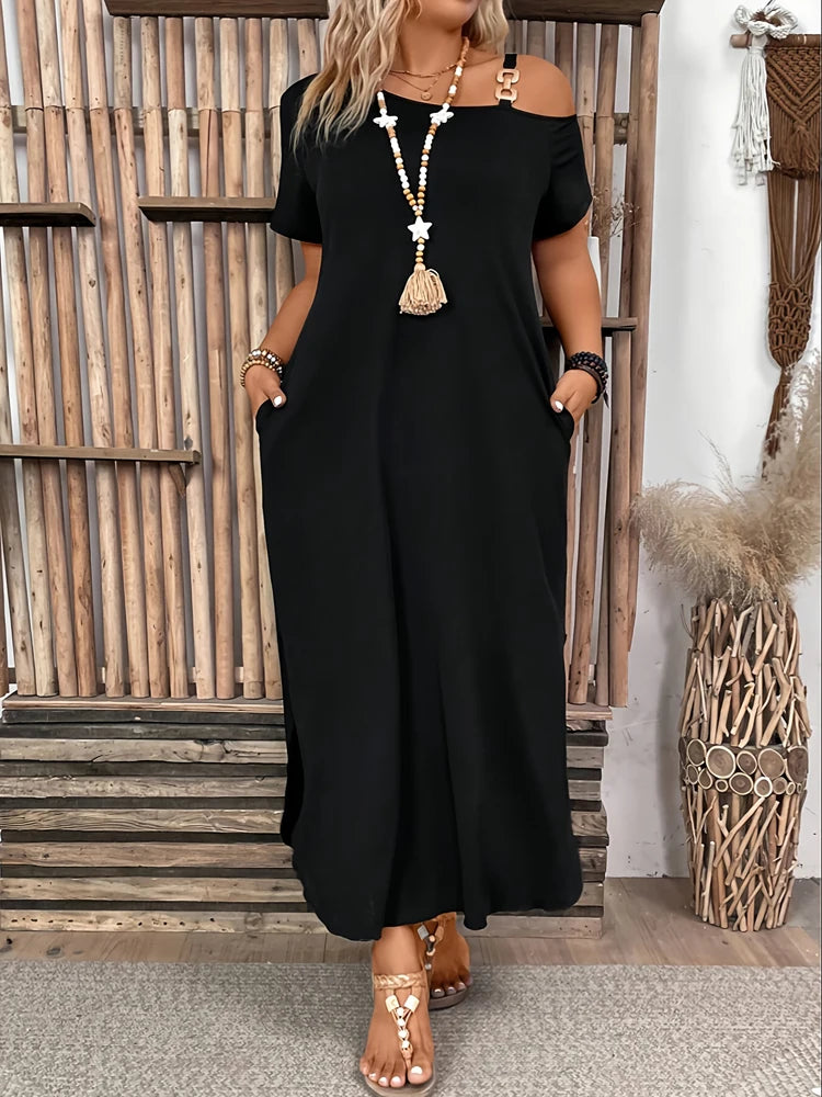 Women's Black Off-Shoulder Maxi Dress – Casual Loose Fit with Pockets