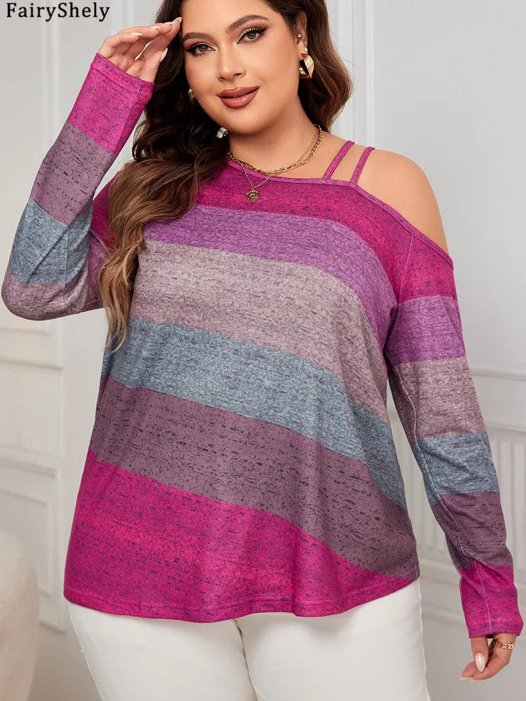 Plus Size Striped Cold Shoulder Long Sleeve Top – Casual Loose Fit