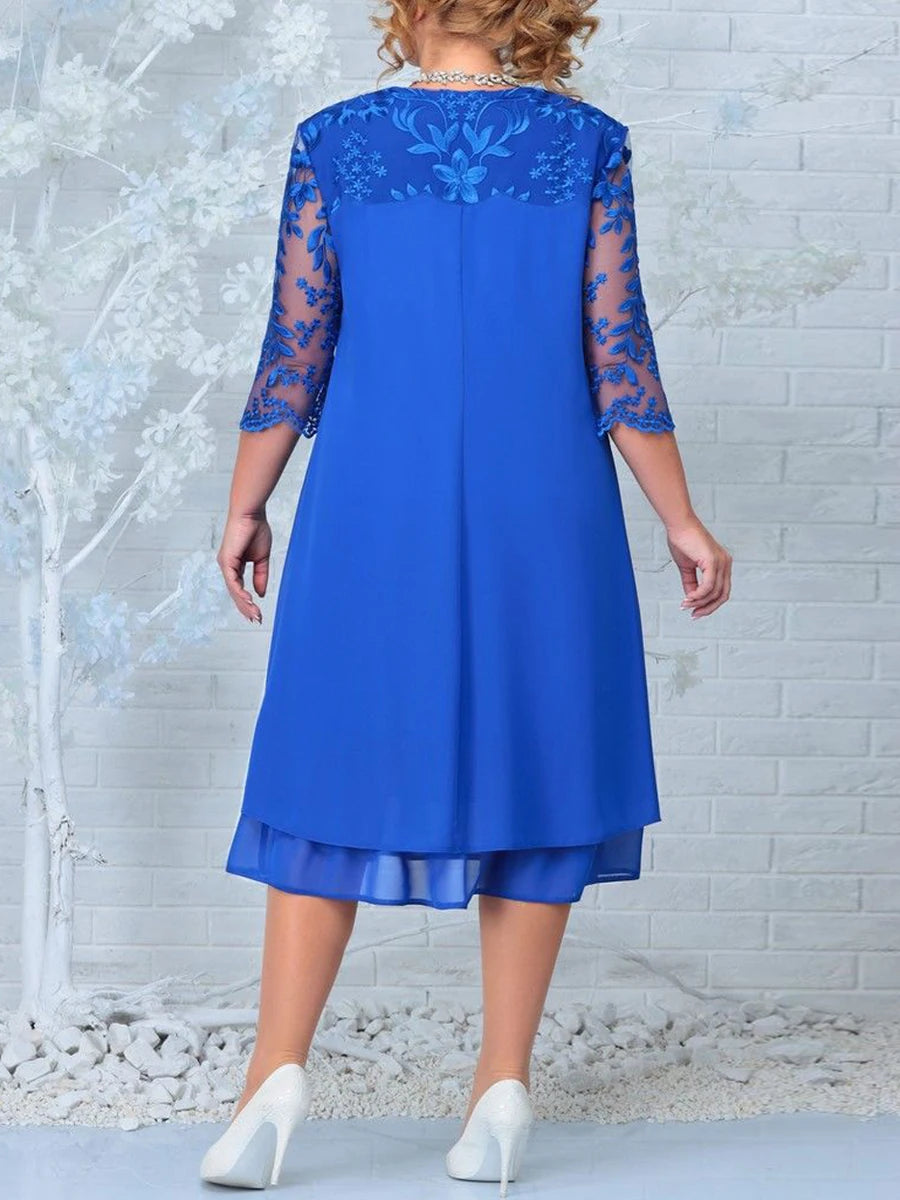 Plus Size Royal Blue Chiffon Dress with Embroidered Lace Sleeves – Elegant Knee-Length