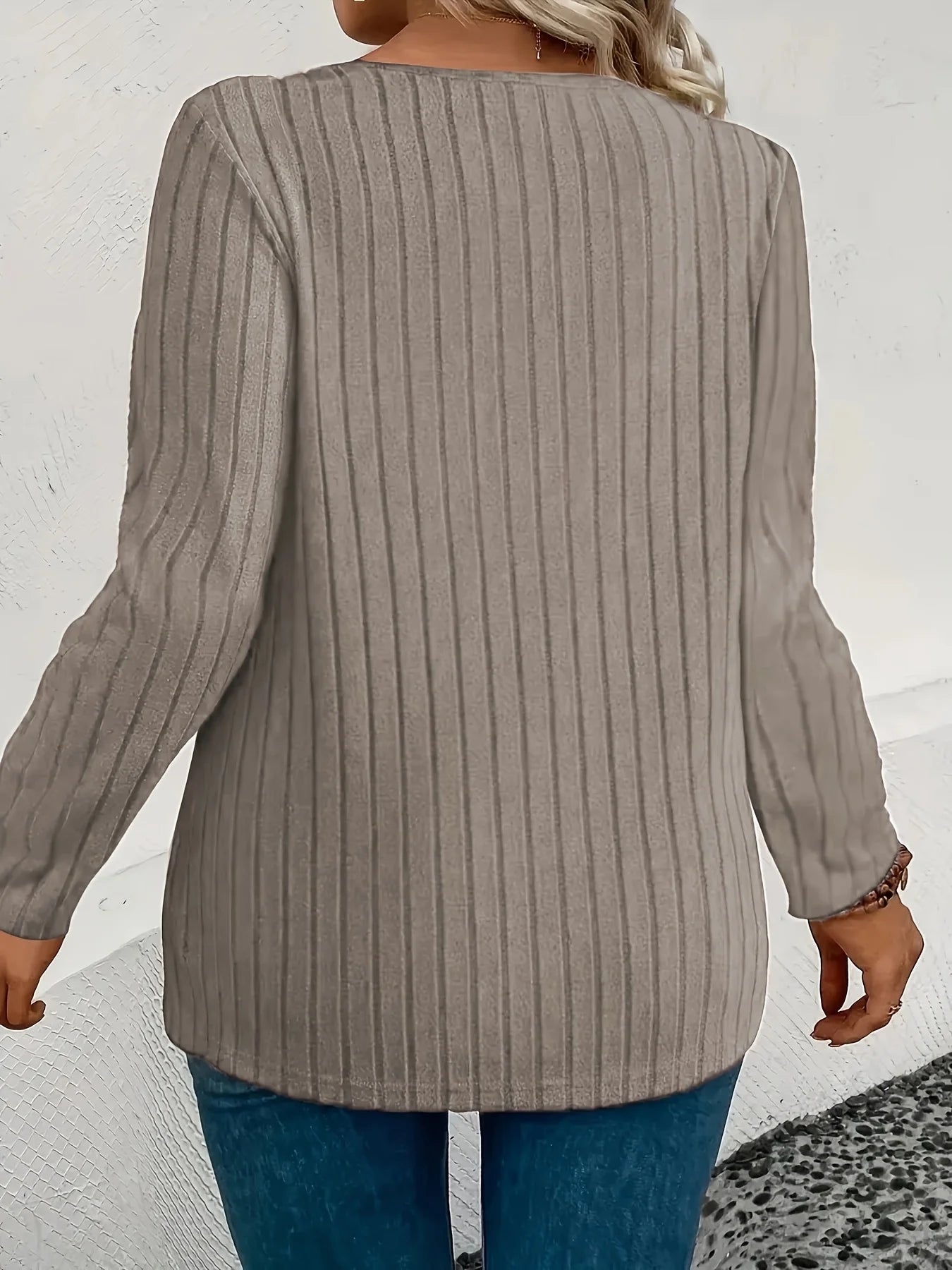 Plus Size V-Neck Striped Long Sleeve Top – Beige Chic