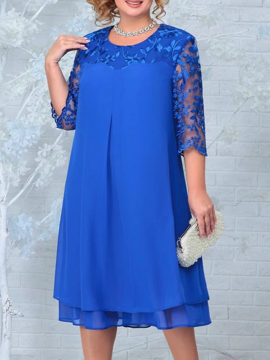 Plus Size Royal Blue Chiffon Dress with Embroidered Lace Sleeves – Elegant Knee-Length
