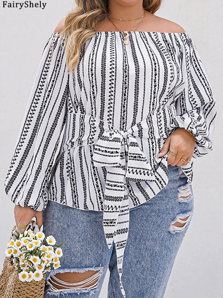 Women's Off-Shoulder Striped Top with Waist Tie – Elegant Casual Boho Style