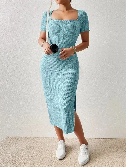 Grey Ribbed Knit Bodycon Midi Dress – Square Neck Elegance