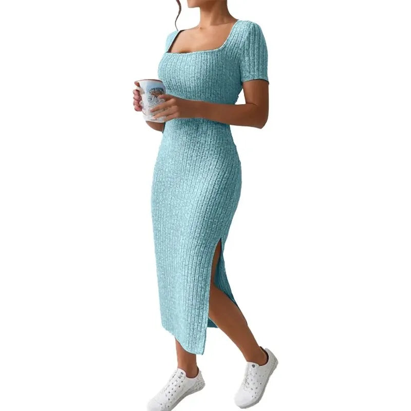 Grey Ribbed Knit Bodycon Midi Dress – Square Neck Elegance