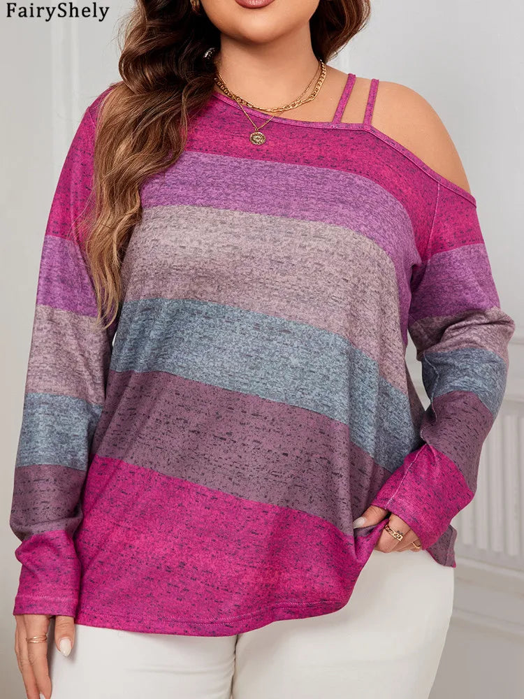 Plus Size Striped Cold Shoulder Long Sleeve Top – Casual Loose Fit