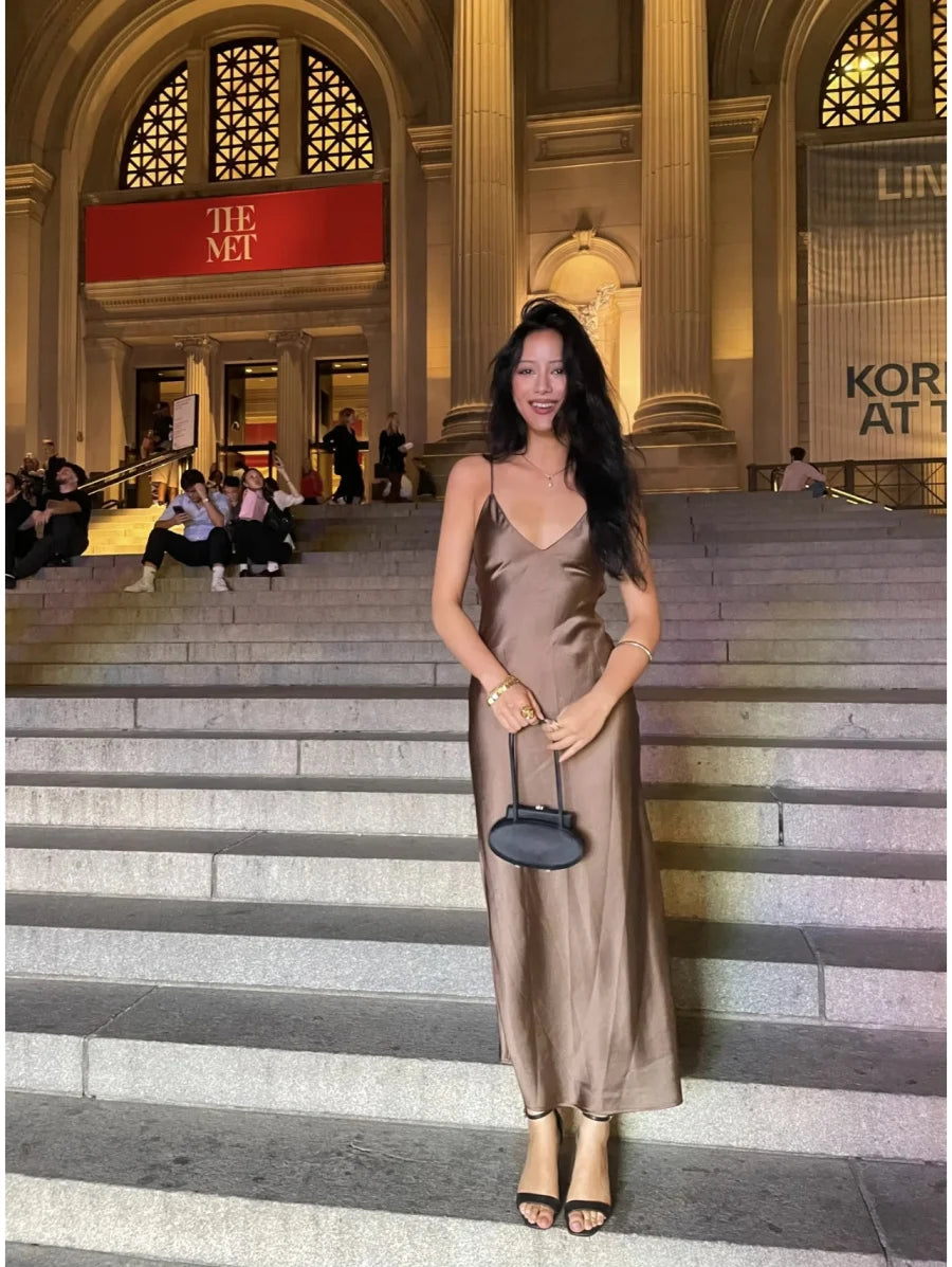 Satin Slip Midi Dress – Minimal Chic in Rust, Rose & Cocoa