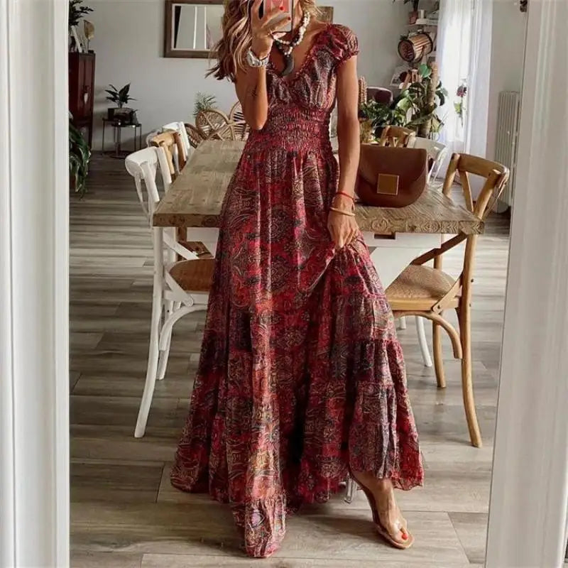 Bohemian Floral Maxi Dress with Smocked Waist & Ruffle Hem