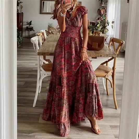 Bohemian Floral Maxi Dress with Smocked Waist & Ruffle Hem