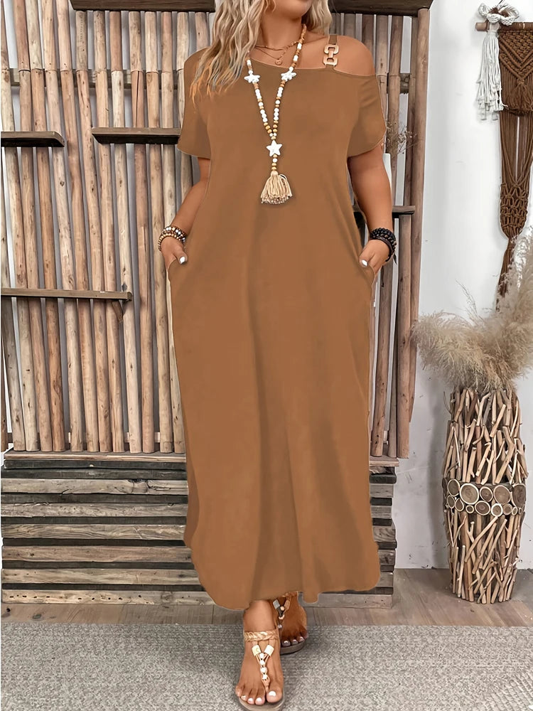 Women's Black Off-Shoulder Maxi Dress – Casual Loose Fit with Pockets