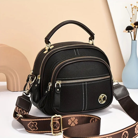 Structured Black Crossbody Handbag – Elegant Multi-Pocket Design