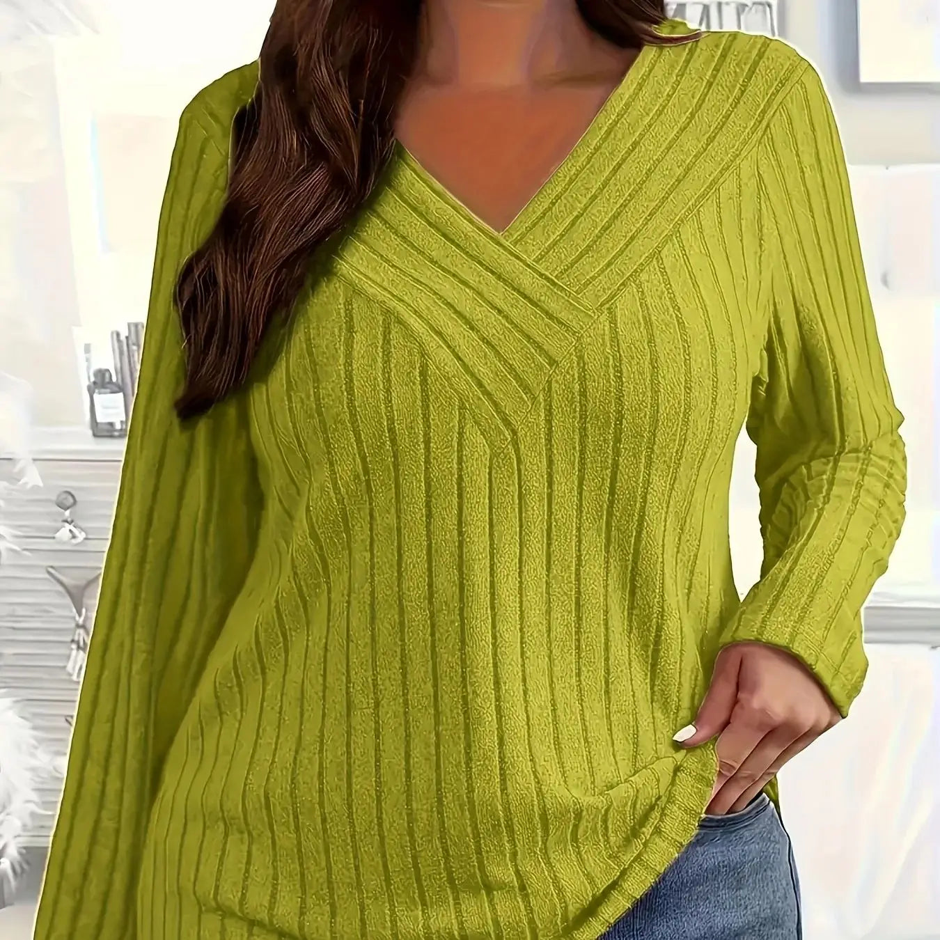 Plus Size V-Neck Striped Long Sleeve Top – Beige Chic