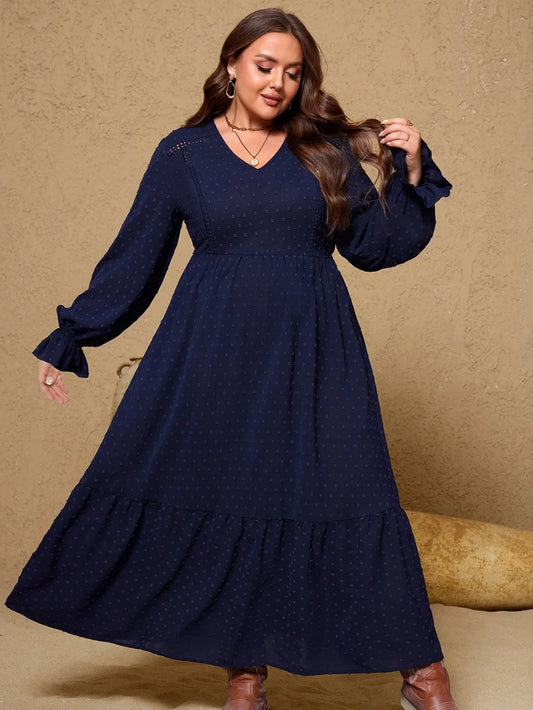 Plus Size Long Sleeve Maxi Dress with Ruffle Hem – Navy Blue