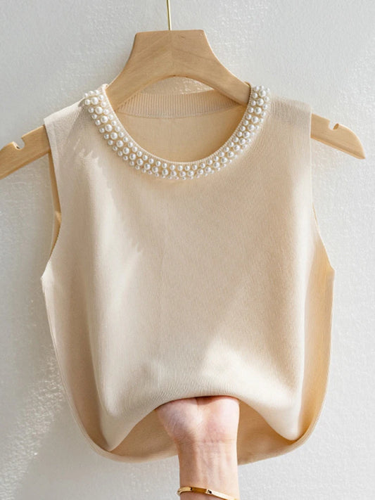 Pearl Embellished Sleeveless Knit Top – Elegant & Minimalist