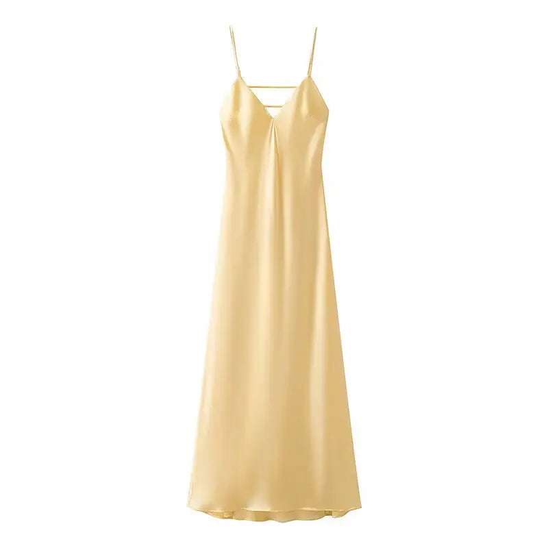 Light Yellow Satin Midi Dress – Chic & Simple