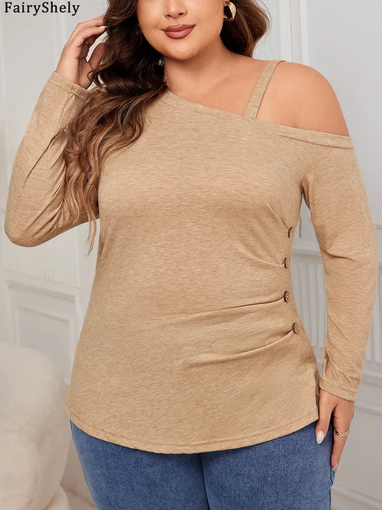 Women's Beige Long Sleeve Top with Cold Shoulder and Button Side Detail – Elegant Casual Style