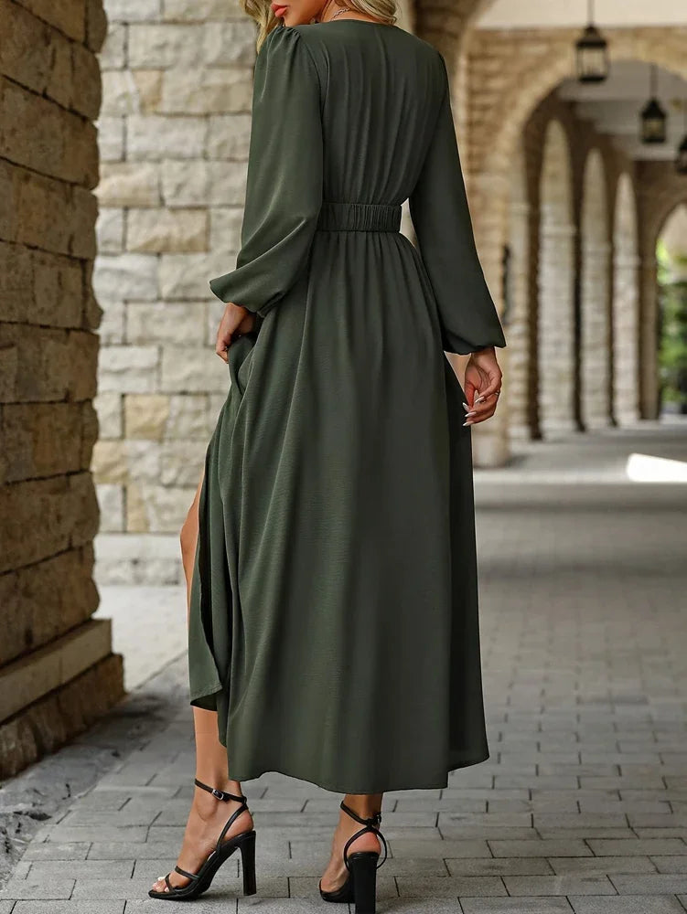 Elegant Olive Green Long Sleeve Dress with Side Slit & Belt