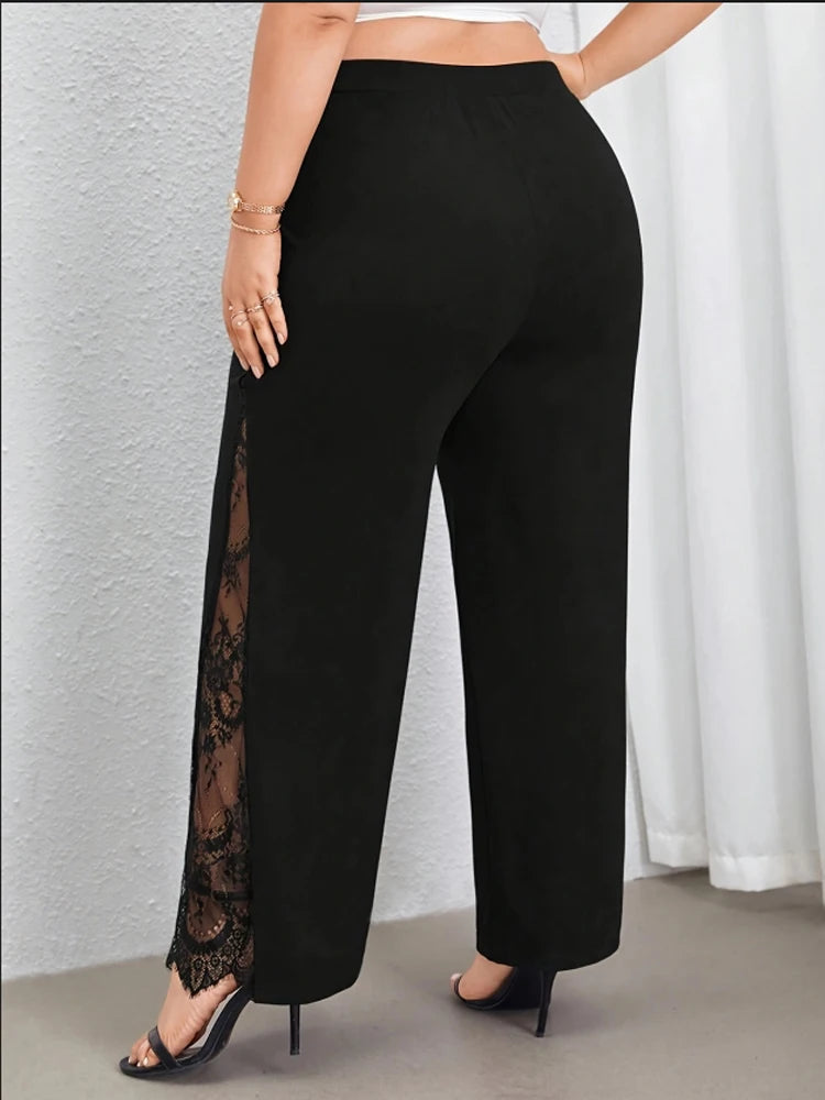 Plus Size Wide-Leg Pants with Lace Side Panels – Black Elegance