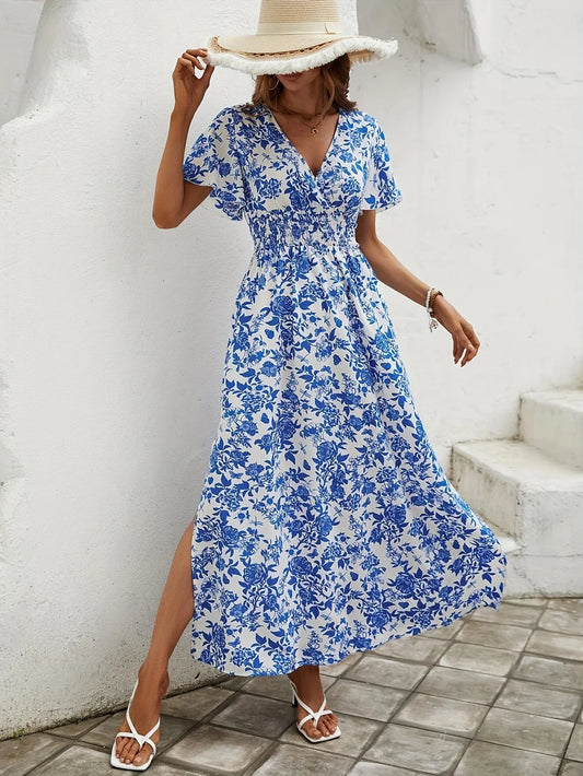 Blue & White Floral Wrap Midi Dress – Mediterranean Summer Style