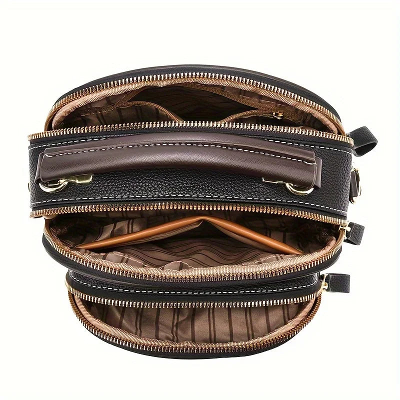 Structured Black Crossbody Handbag – Elegant Multi-Pocket Design