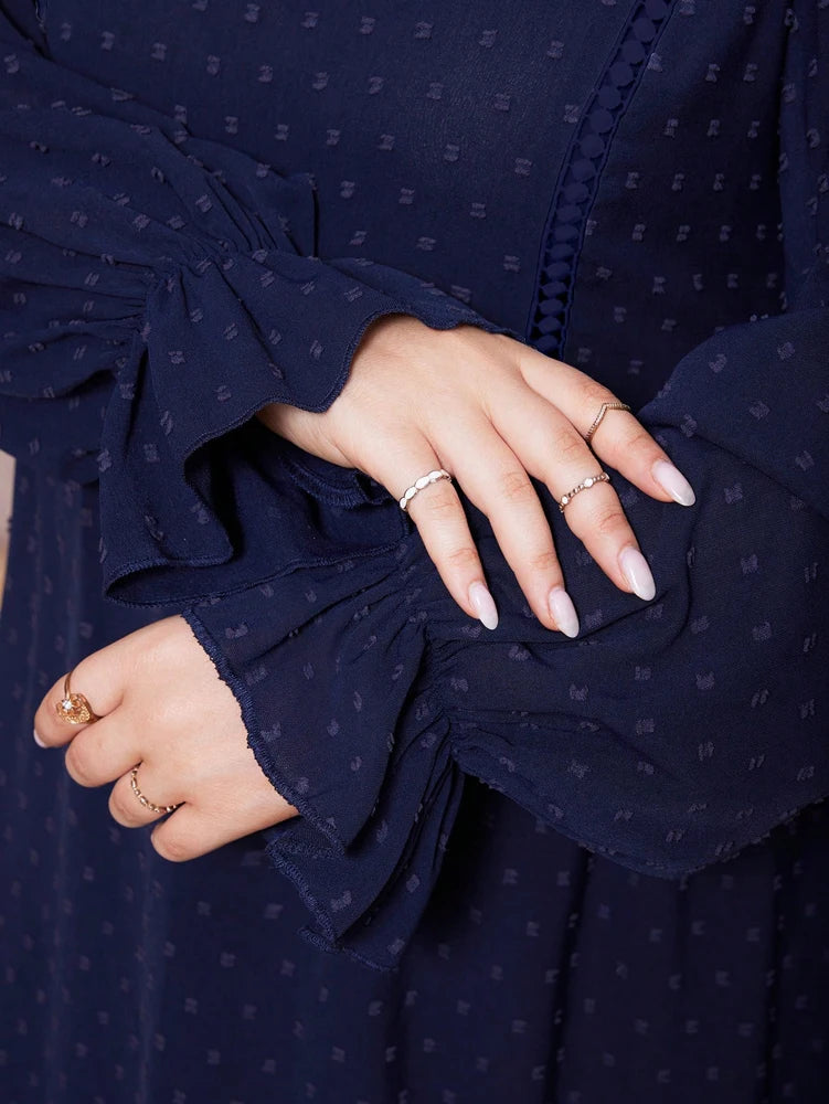 Plus Size Long Sleeve Maxi Dress with Ruffle Hem – Navy Blue