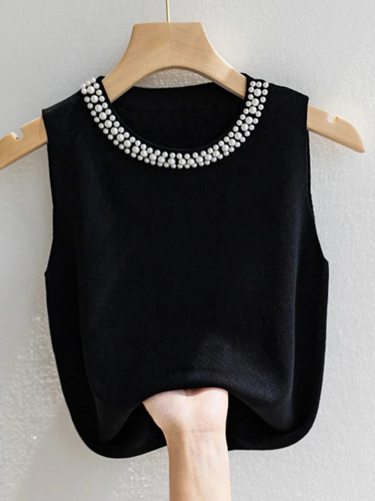 Pearl Embellished Sleeveless Knit Top – Elegant & Minimalist